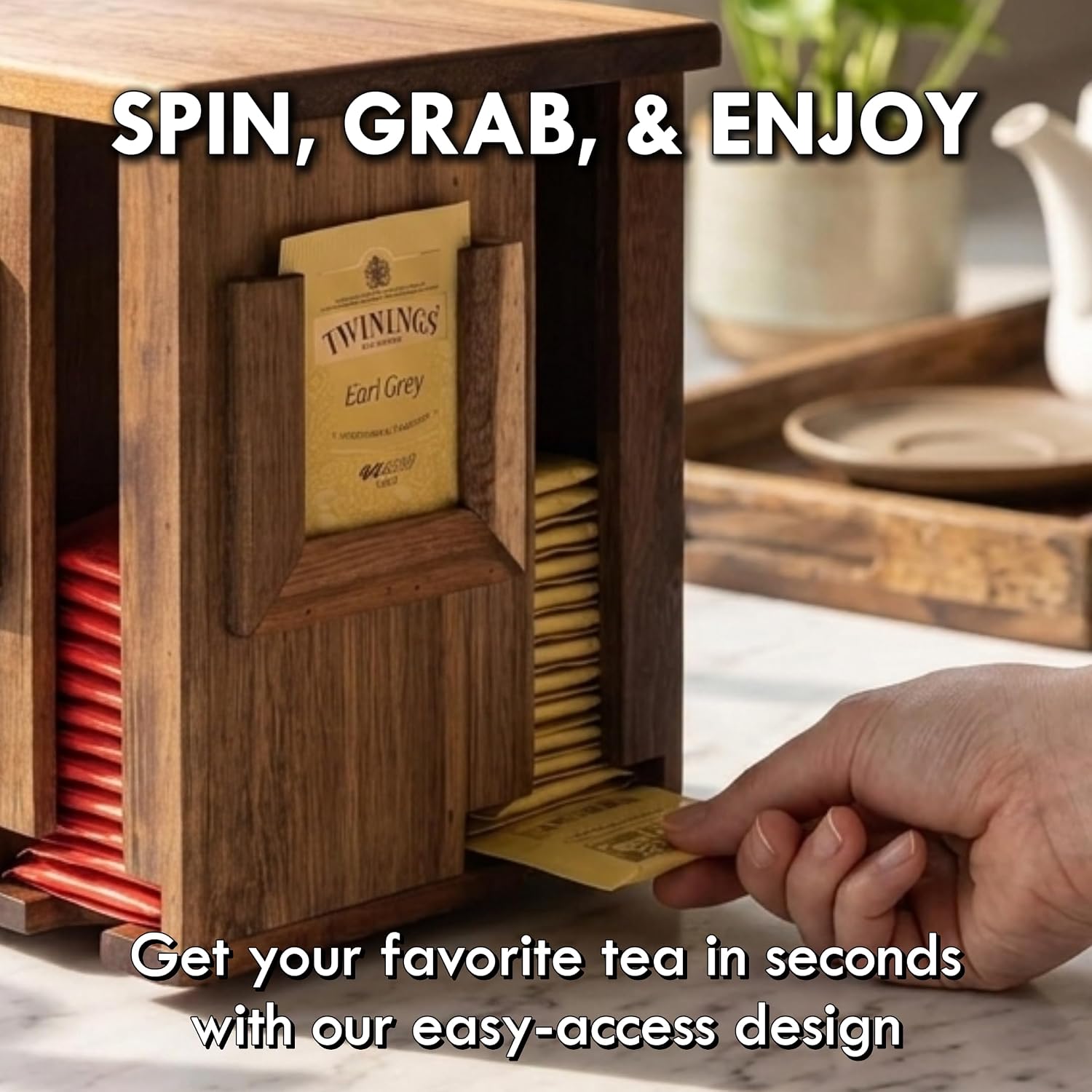 Rotating Tea Bag Organizer, Acacia Wood, 4-Sided | Storage Box, For Home or Office, 4-Sided Rotating Design