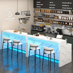 71" Large Faux Marble Dining Table with LED Lights, Modern Rectangle Kitchen Island Table with Charging Station for 6 People, Home Bar Unit with 2-Tier Shelf for Dining Room, Bar, Living Room, White