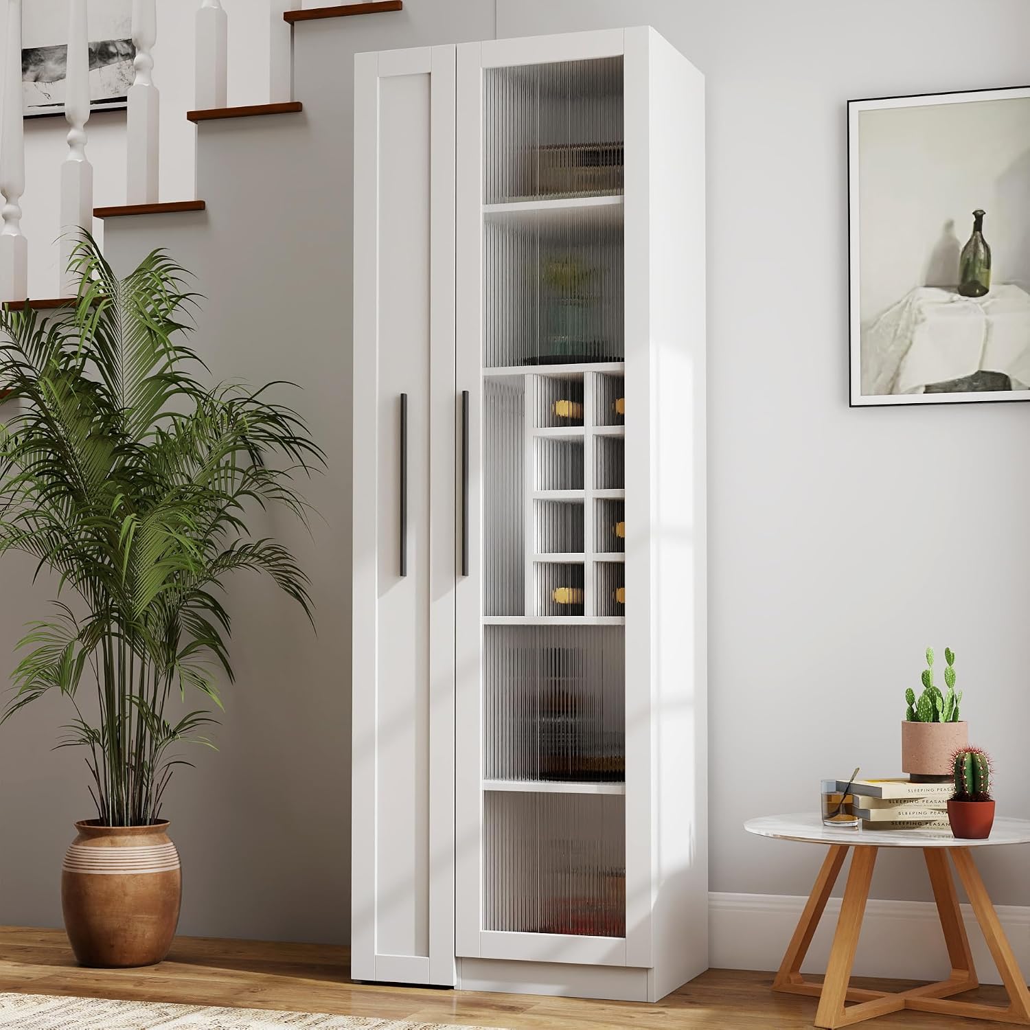 Kitchen Pantry Cabinet with Pull-Out Multi-Tier Storage Shelf, Farmhouse Storage Cabinet with Glass Doors, Tall Pantry Organizer for Kitchen, Dining Room & Living Room White