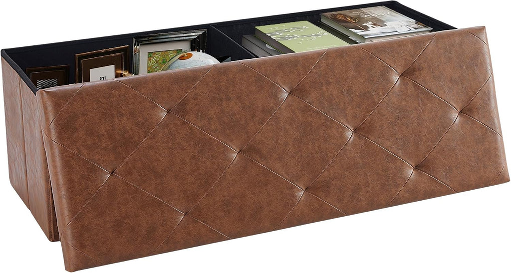 Sweetcrispy 43 Inch Folding Storage Ottoman Bench, Large Hidden Storage Chest with Padded Seat, Foot Rest Stool Supports Up to 660Lbs, End of Bed Bench for Bedroom, Living Room, Faux Leather, Brown