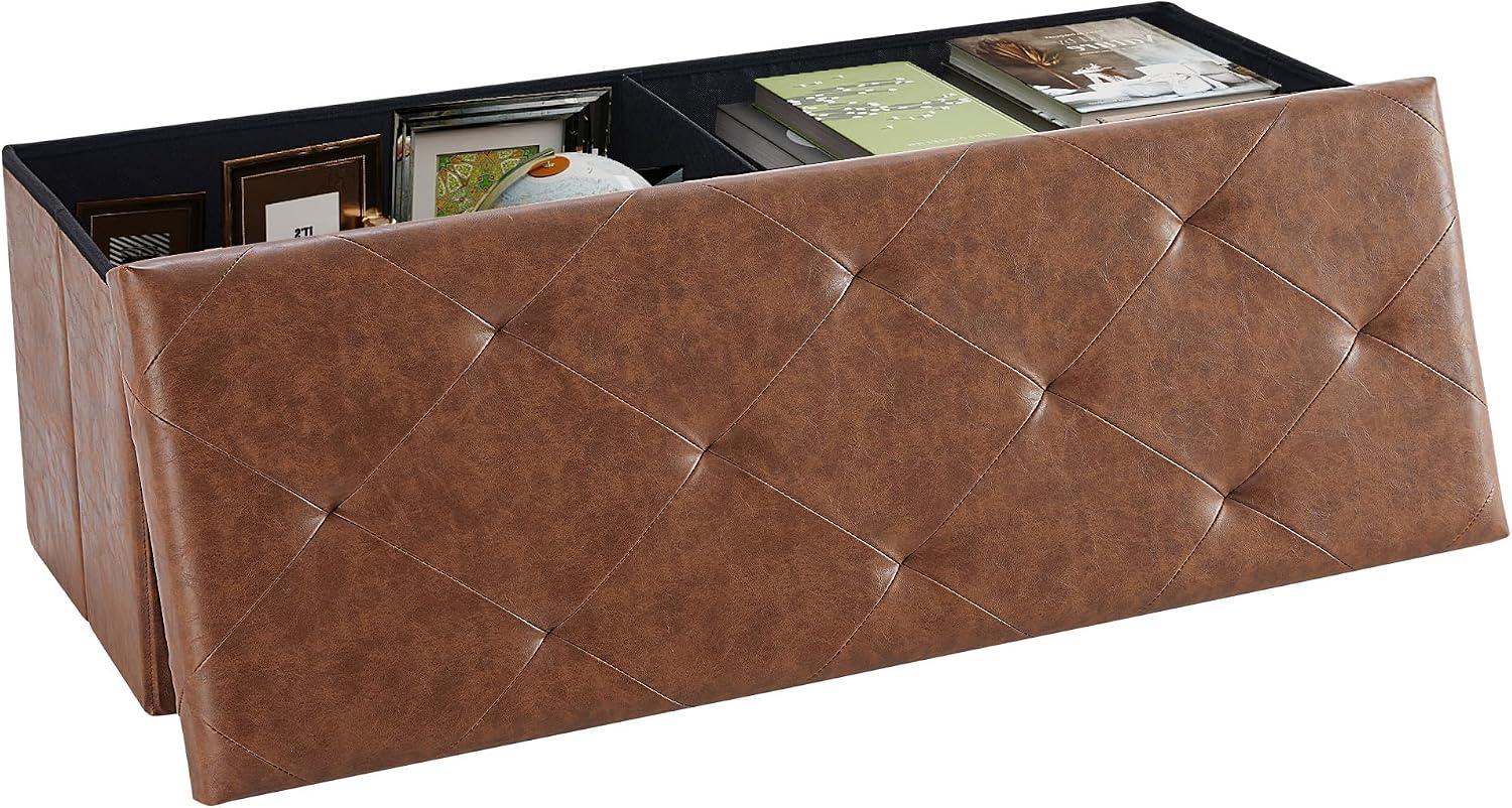 Sweetcrispy 43 Inch Folding Storage Ottoman Bench, Large Hidden Storage Chest with Padded Seat, Foot Rest Stool Supports Up to 660Lbs, End of Bed Bench for Bedroom, Living Room, Faux Leather, Brown