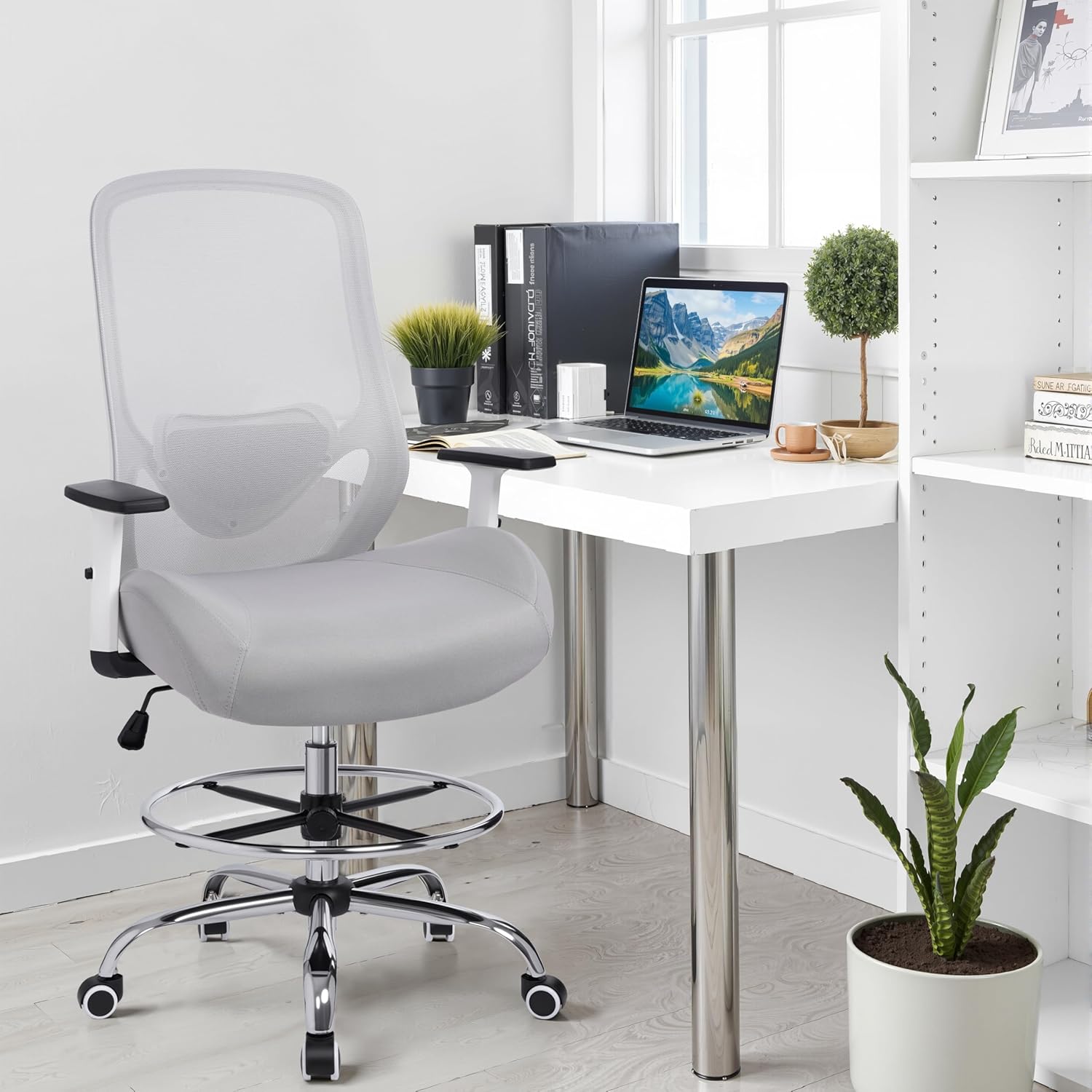 Office Drafting Chair, Tall Height Adjustable Ergonomic Office Chair with Footrest, High Back Desk Chair with Flip-up Armrests and Lumbar Support
