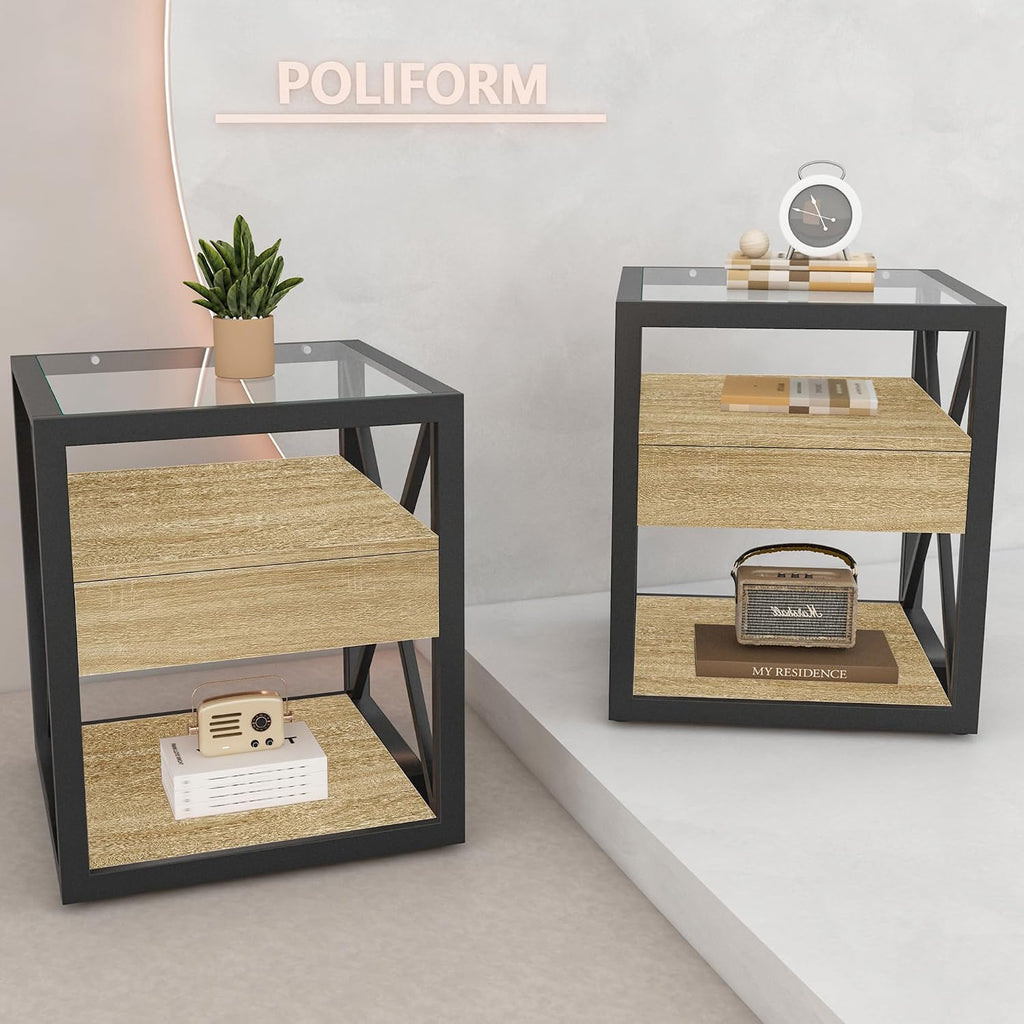 Set of 2 Modern Industrial End Tables with Drawer - Nightstands with Tempered Glass Top, Natural Wood MDF & Black Metal X-Frame Side Tables for Bedroom & Living Room, 3-Tier Storage