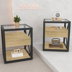 Set of 2 Modern Industrial End Tables with Drawer - Nightstands with Tempered Glass Top, Natural Wood MDF & Black Metal X-Frame Side Tables for Bedroom & Living Room, 3-Tier Storage