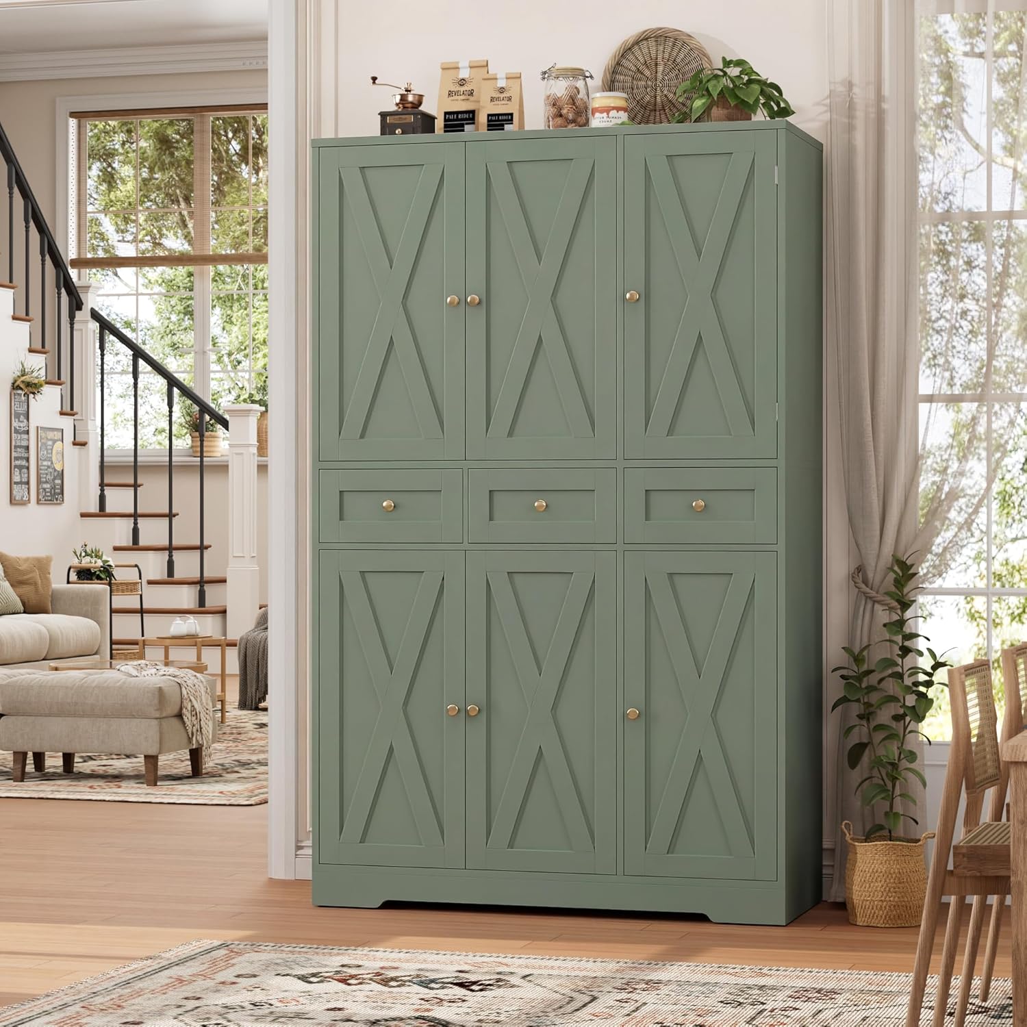 HOSTACK Modern Farmhouse Kitchen Pantry Storage Cabinet, 67" H Kitchen Pantry Cabinet with Barn Doors and Shelves, Freestanding Food Storage Cabinets with Drawers for Dining Room, Living Room, Green