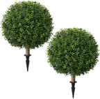 Artificial Boxwood Topiary Ball Trees for Outdoor Set of 2 Fake Plant Bushes with Ground Spike UV Resistant Faux Shrubs for Garden Front Porch, Green