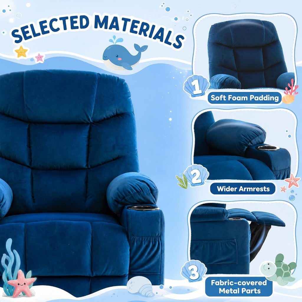 Velvet Larger Kids Reclining Chair Fabric Recliner Sofa Push Back Children Ages 3-12 with Dual Cup Holders and 4 Pockets