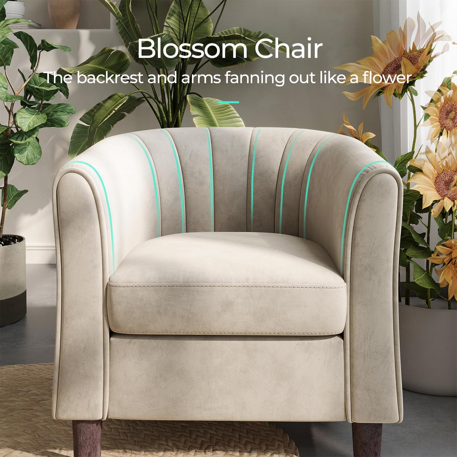 LINSY Accent Chair with Ottoman, Modern Barrel Chair Small Armchair Reading Chair with Footrest, Comfy Round Arms Chair for Living Room Bedroom Reading Room, Velvet, Cream