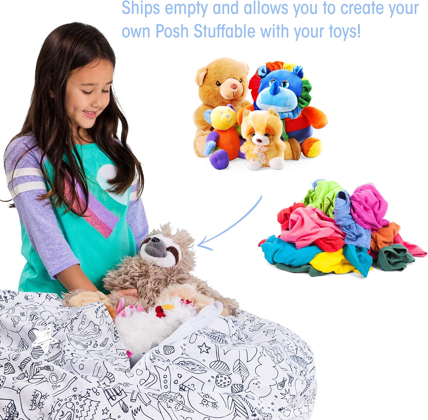 Posh Stuffable Kids Stuffed Animal Storage Bean Bag Chair Cover - Childrens Toy Organizer, Large 38" - Canvas Fun Creatures Coloring Fabric