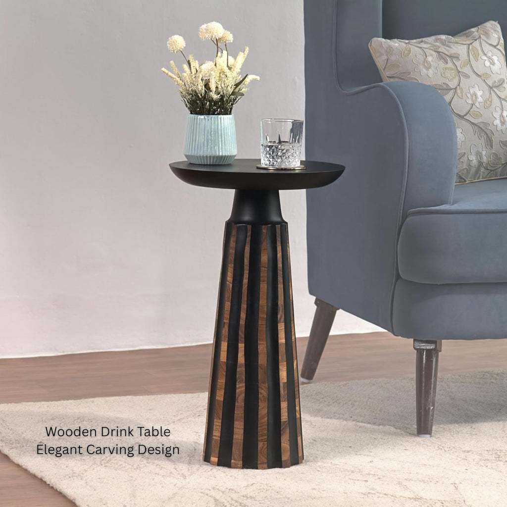 Modern Black & Walnut Wood Accent Table – Handcrafted Drum Pedestal Side Table for Living Room, Bedroom, or Office – Sleek Round Top with Textured Carved Base Black