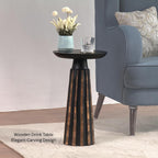 Modern Black & Walnut Wood Accent Table – Handcrafted Drum Pedestal Side Table for Living Room, Bedroom, or Office – Sleek Round Top with Textured Carved Base Black