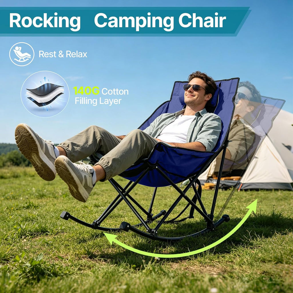 ZENPETIO Oversized Rocking Camping Chair Portable Outdoor Folding Rocker with Padded Headrest and Carry Bag, Heavy Duty Rocker Chair for Camping, Lawn and Patio, Supports 400 lbs, Blue Black