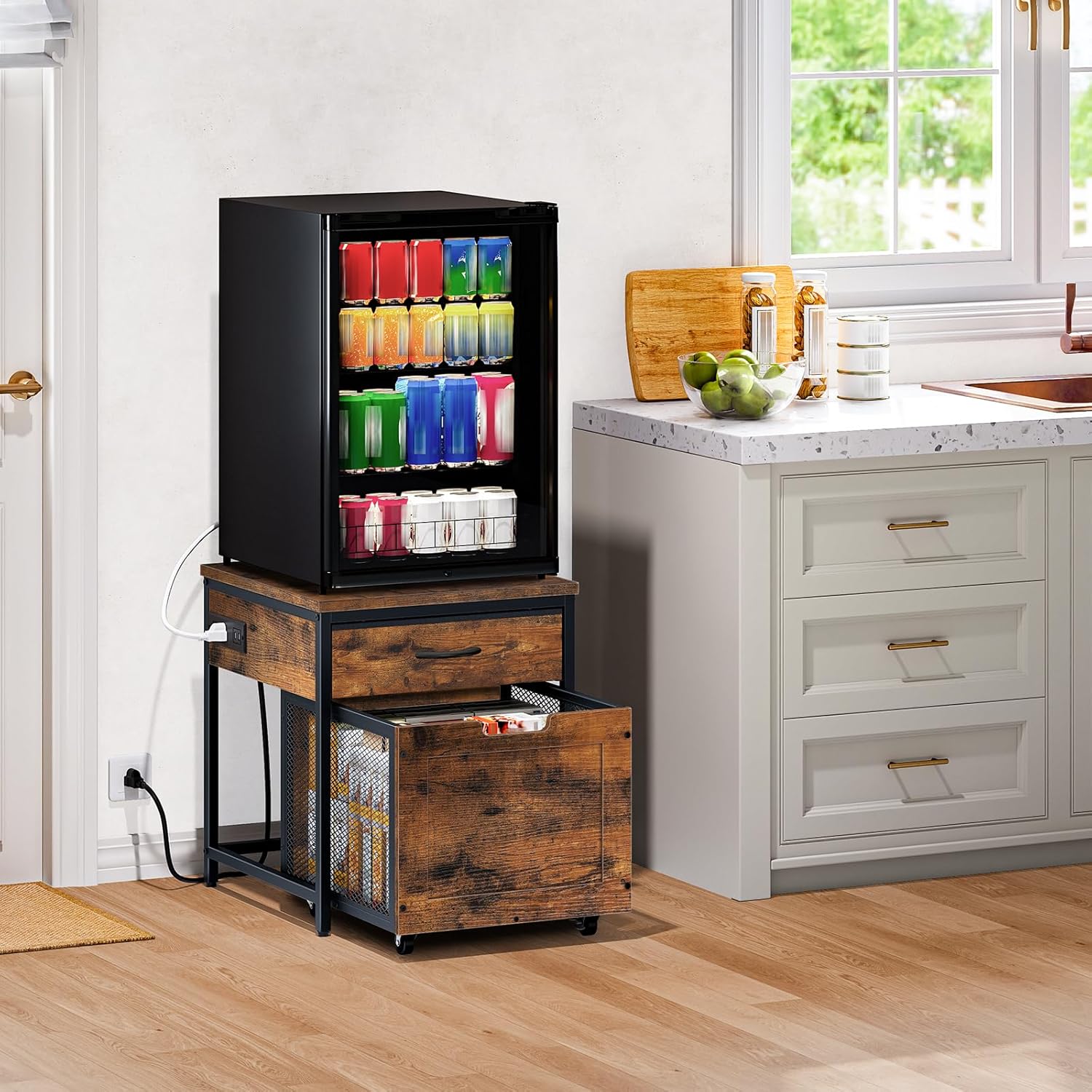 CHOEZON Round Side Table, 2-Tier End Table, Small Round Nightstand, Mini Fridge Stand with Power Outlet, Large Side Table with Fabric Drawer for Dorm, Kitchen, Living Room TBZ01BF-TBZ56UBF