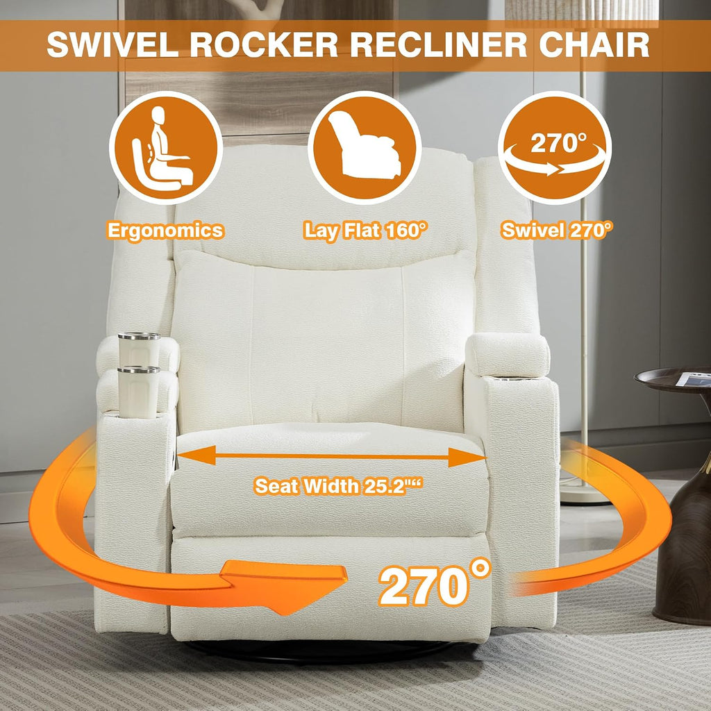 Power Swivel Rocker Recliner Chair with Heat and Massage, Adjustable Headrest, Cup Holder & Armrest Storage, Oversized Extra Wide Reclining Rocking Chairs for Nursery and Adults