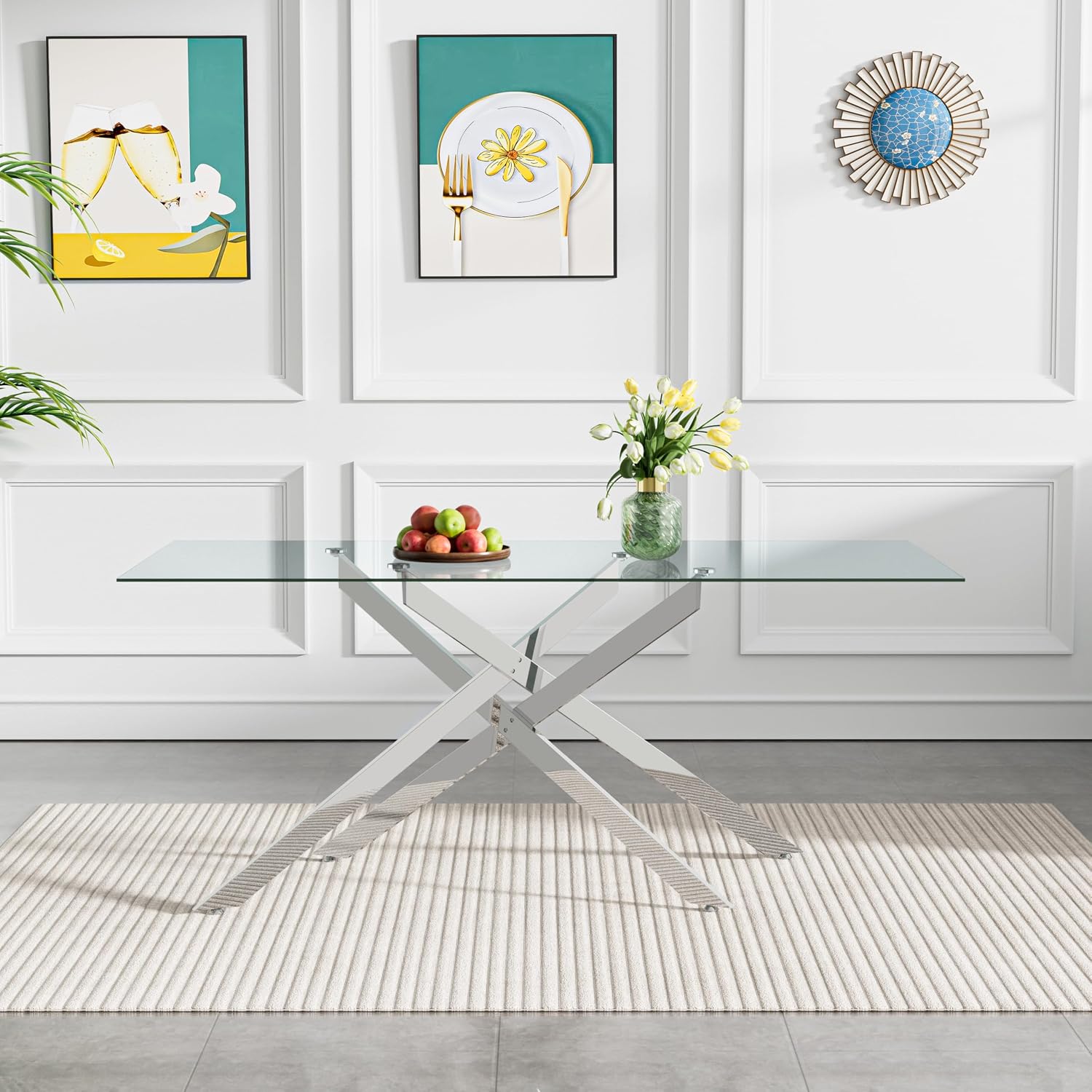 61" Rectangle Glass Dining Table for 4-6, Luxury Kitchen Table with Tempered Glass Top and Silver Metal Cross Legs, Modern Glass Dinner Table for Kitchen Dining Room Small Apartment