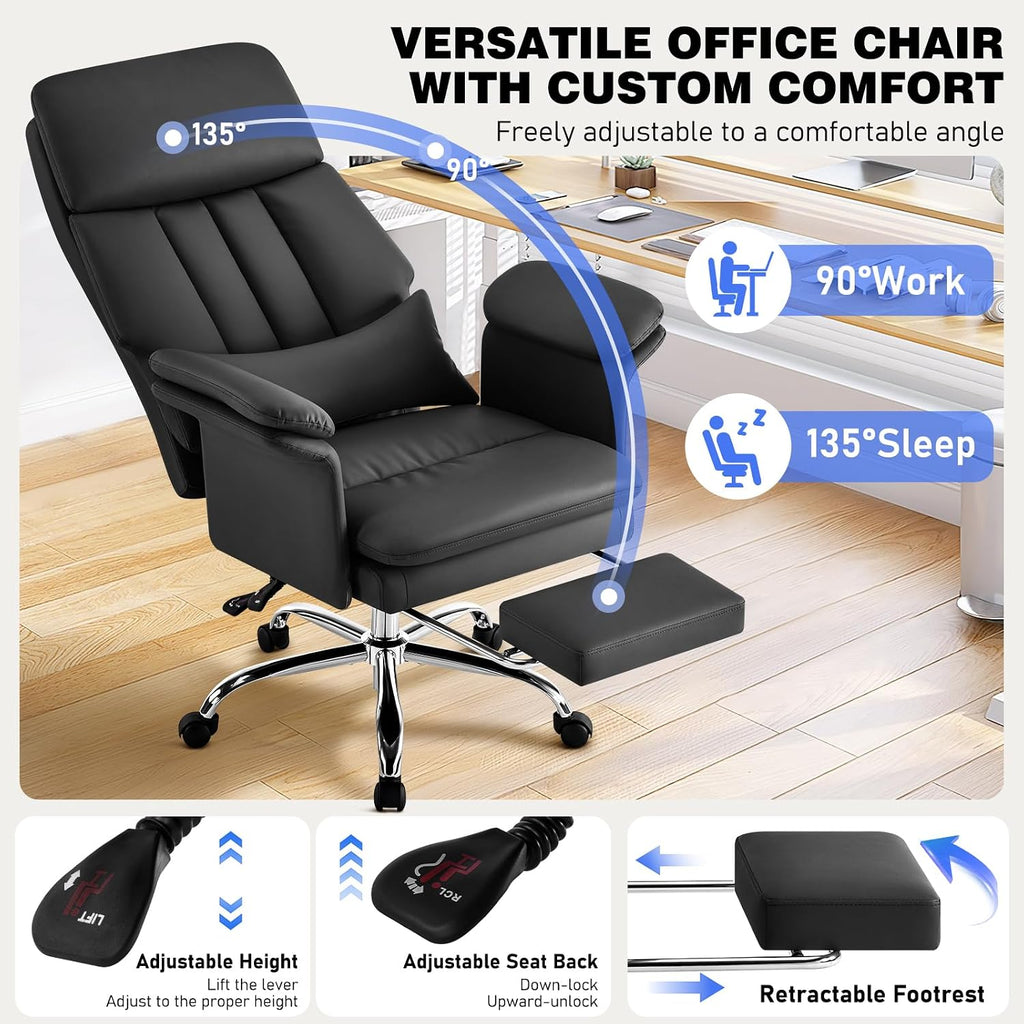 Leather Home Office Chair with Footrest 400lbs, High Back Rolling Desk Chair with Lumbar Support Soft Armrests, Excutive Office Chairs with Wheels Height Adjustable Rocking Swivel Functions,Black