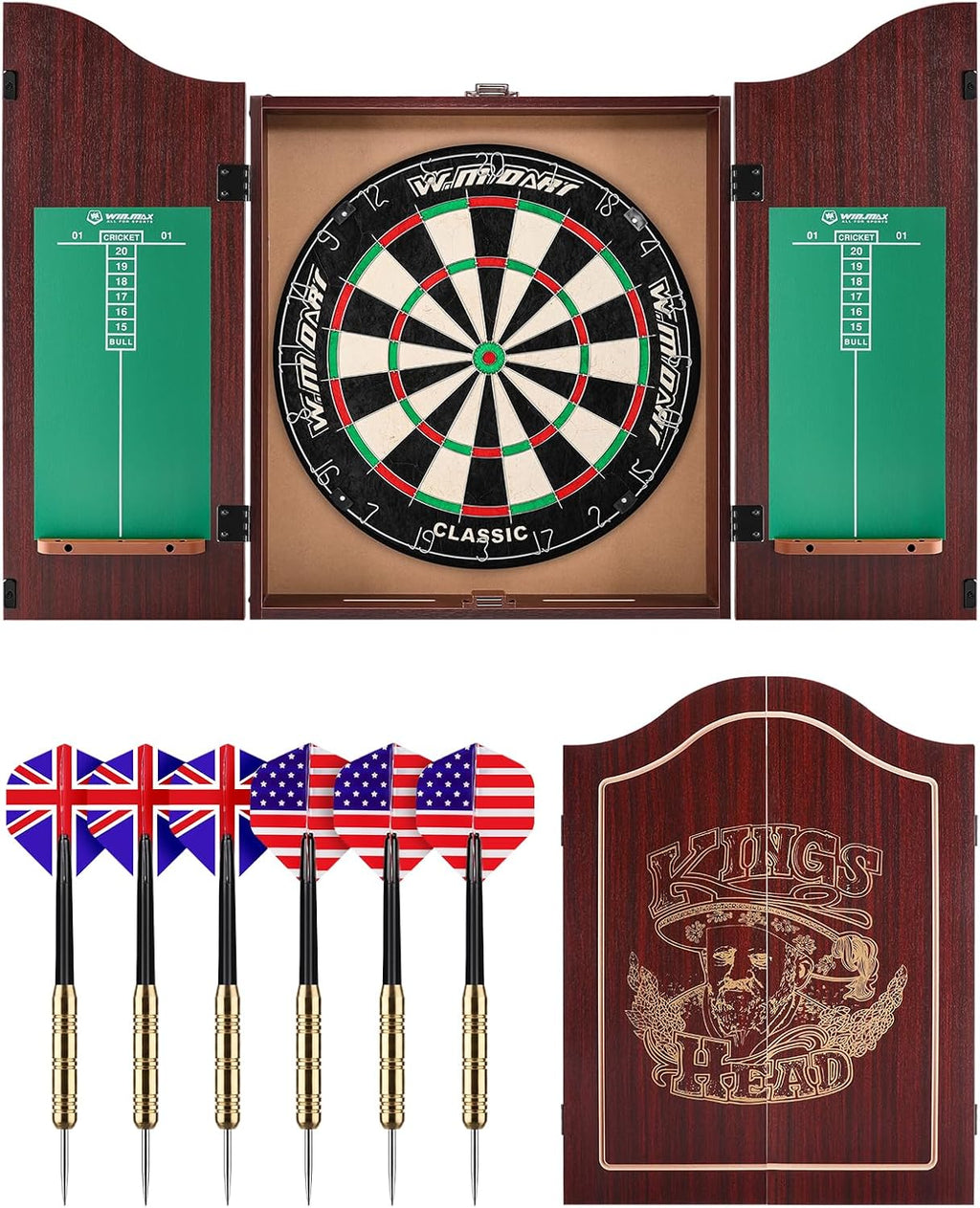 Dartboard Cabinet Set, Dart Boards for Adults with 6 Darts, Regulation Size | Self‑Healing Fibers, Rotating Number Ring, Chalkboard Scoring for Game Room Man Cave and Home Bar, Brown