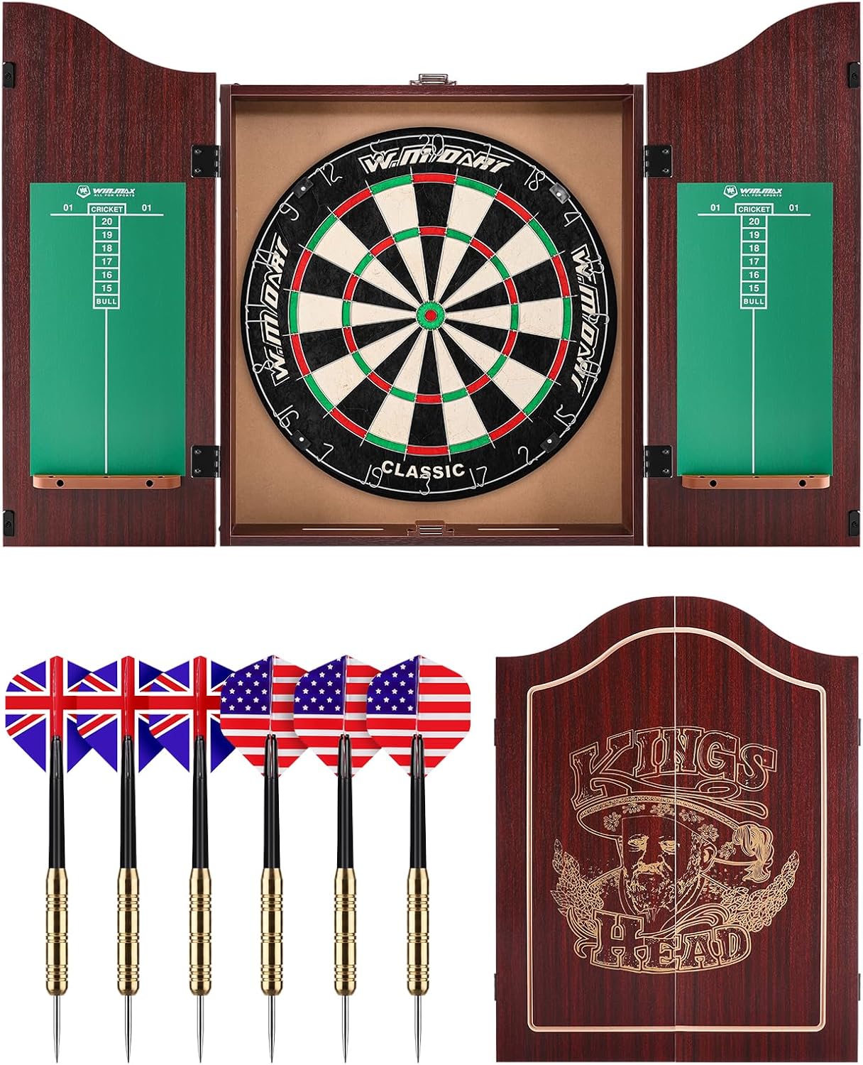 Dartboard Cabinet Set, Dart Boards for Adults with 6 Darts, Regulation Size | Self‑Healing Fibers, Rotating Number Ring, Chalkboard Scoring for Game Room Man Cave and Home Bar, Brown