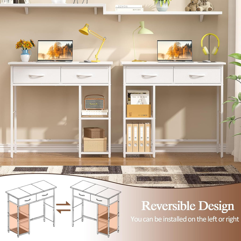 ThreeHio Small Writing Desk with 2 Drawers, White Computer Desk with Storage Shelf, Home Kids Study Table for Small Spaces, Simple Desk for Bedroom, Home Office, Living Room, Dorm, Vanity Desk, White