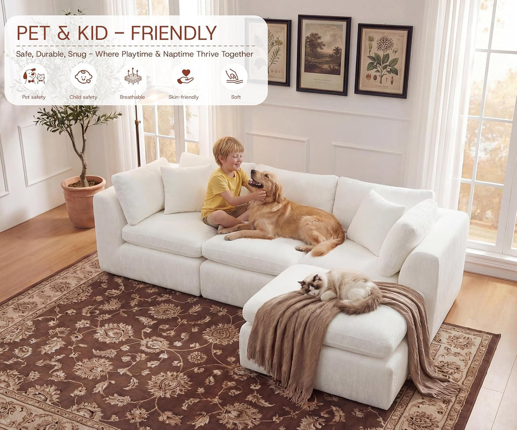 GRUSIGN 110'' Oversized Boneless Cloud Couch for Living Room, Modern Big Sectional Compressed L Shape Couch with Ottoman, Comfy Chenille Deep Seat Memory Foam Spineless 4 Seater Sofa, Beige