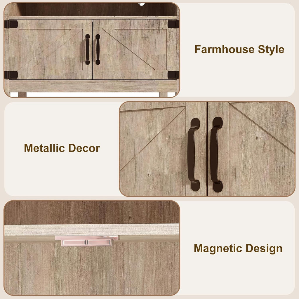M METERXITY 31.5" W Coffee Bar Cabinet with Outlets, 2-Door Farmhouse Console Table Sofa Storage Cabinet Narrow Buffet Sideboard for Kitchen, Pantry, Entryway, Hallway, Dining (Light Oak)