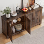 ONBRILL 63 Inch Buffet Cabinet with Storage, Large Sideboard Cabinet with 4 Carved Doors, Modern Credenza Storage Cabinets w/Adjustable Shelves for Kitchen, Living Room, Brown