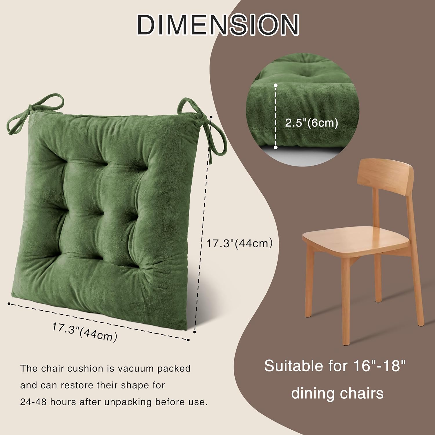 OVOV 2 Pack Chair Cushions for Dining Chairs Soft Seat Cushions for Kitchen Desk Chairs Square Chair Pads with Ties (15.5"x15.5" Green)