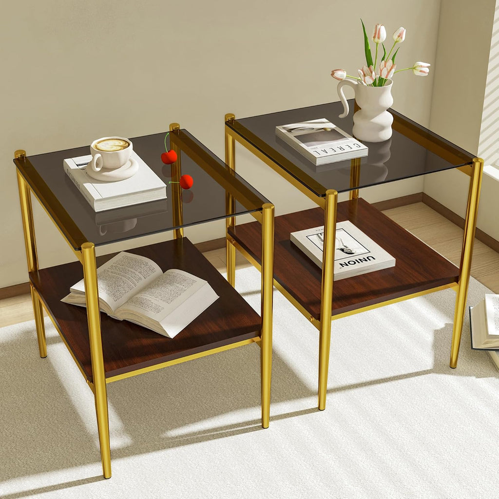End Table Set of 2, Tempered Glass Side Tables Set with Wooden Storage Shelf, 2-Piece Nightstands for Bedroom, Living Room