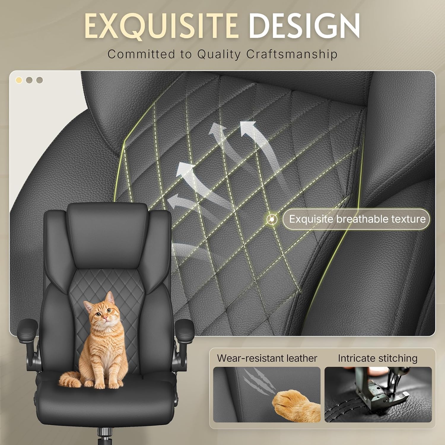 Office Chair,Big and Tall Office Chair,Home Desk Computer Chair, Executive Leather Computer Chair with Lumbar Support& Flip-Up Arms, Rocking Function Swivel Chair for Home Office,Black