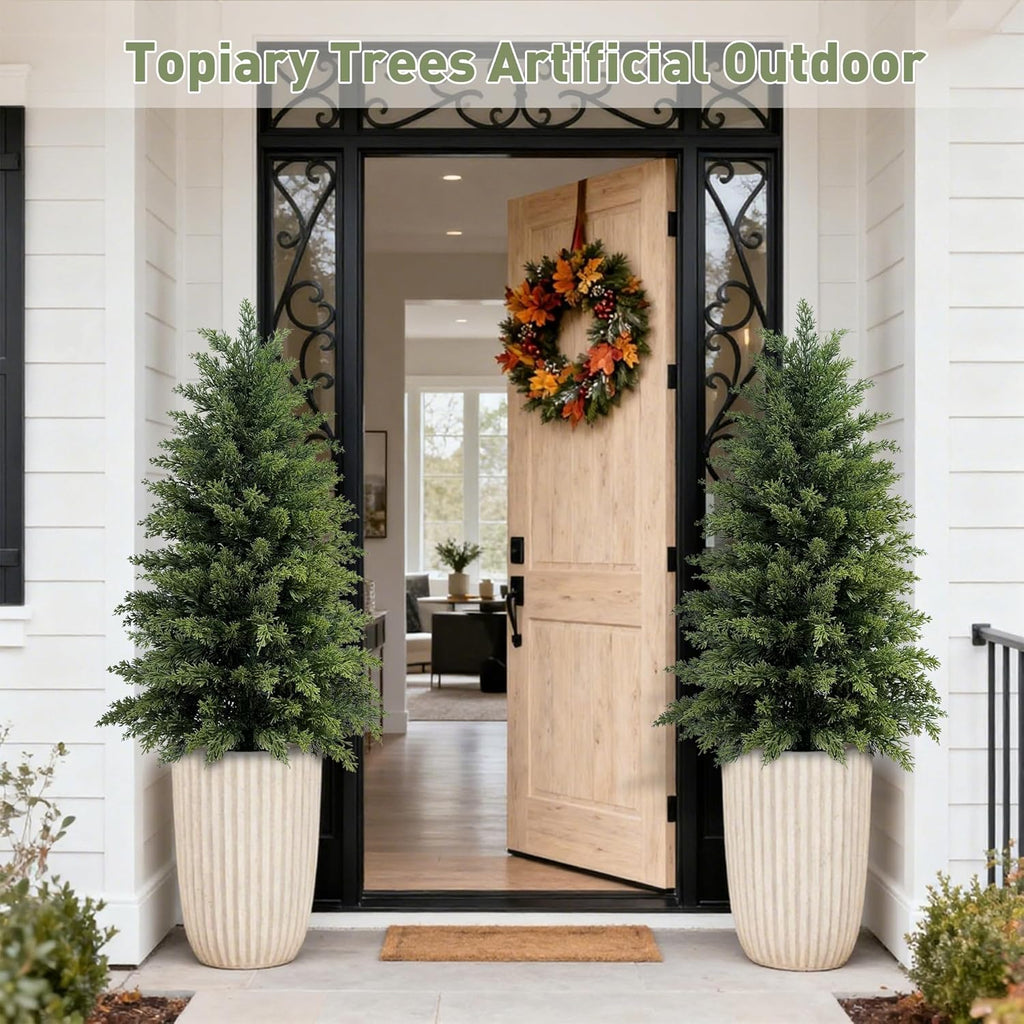 Mavis's Diary 3ft Artificial Cedar Topiary Tree, Set of 2 Realistic Faux Evergreen Shrub Plant in Planter, Indoor Outdoor Fake Cedar Tree for Front Porch, Entryway, Office & Home Decor