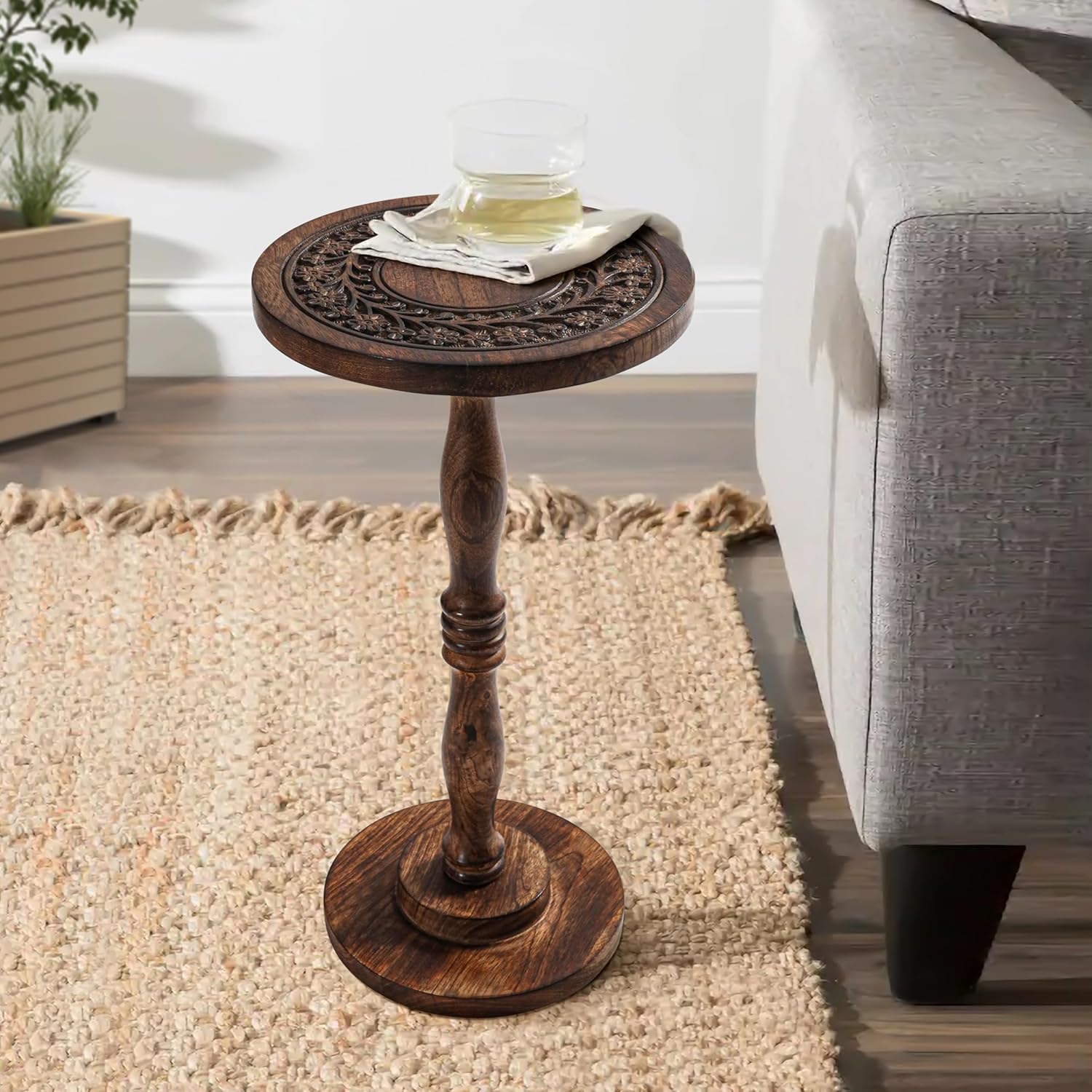 Rustic Wooden End Table 12x22 - Handcrafted Carved Side Table, Burnt Finish Bedside Table for Bedroom, Small Accent Table or Nightstand for Living Room
