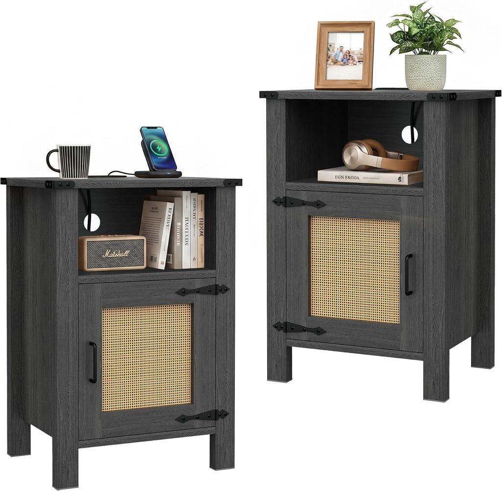 Miereirl Rattan Nightstand Set of 2 with Cabinet, Boho Farmhouse, Dark Gray | Hand-Woven Rattan Door, Open Shelf & Cord Hole, Magnetic Close, Quiet Hinge, Bedroom End Table, Easy Assembly