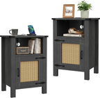 Miereirl Rattan Nightstand Set of 2 with Cabinet, Boho Farmhouse, Dark Gray | Hand-Woven Rattan Door, Open Shelf & Cord Hole, Magnetic Close, Quiet Hinge, Bedroom End Table, Easy Assembly