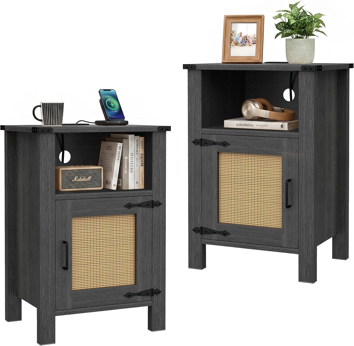 Miereirl Rattan Nightstand Set of 2 with Cabinet, Boho Farmhouse, Dark Gray | Hand-Woven Rattan Door, Open Shelf & Cord Hole, Magnetic Close, Quiet Hinge, Bedroom End Table, Easy Assembly