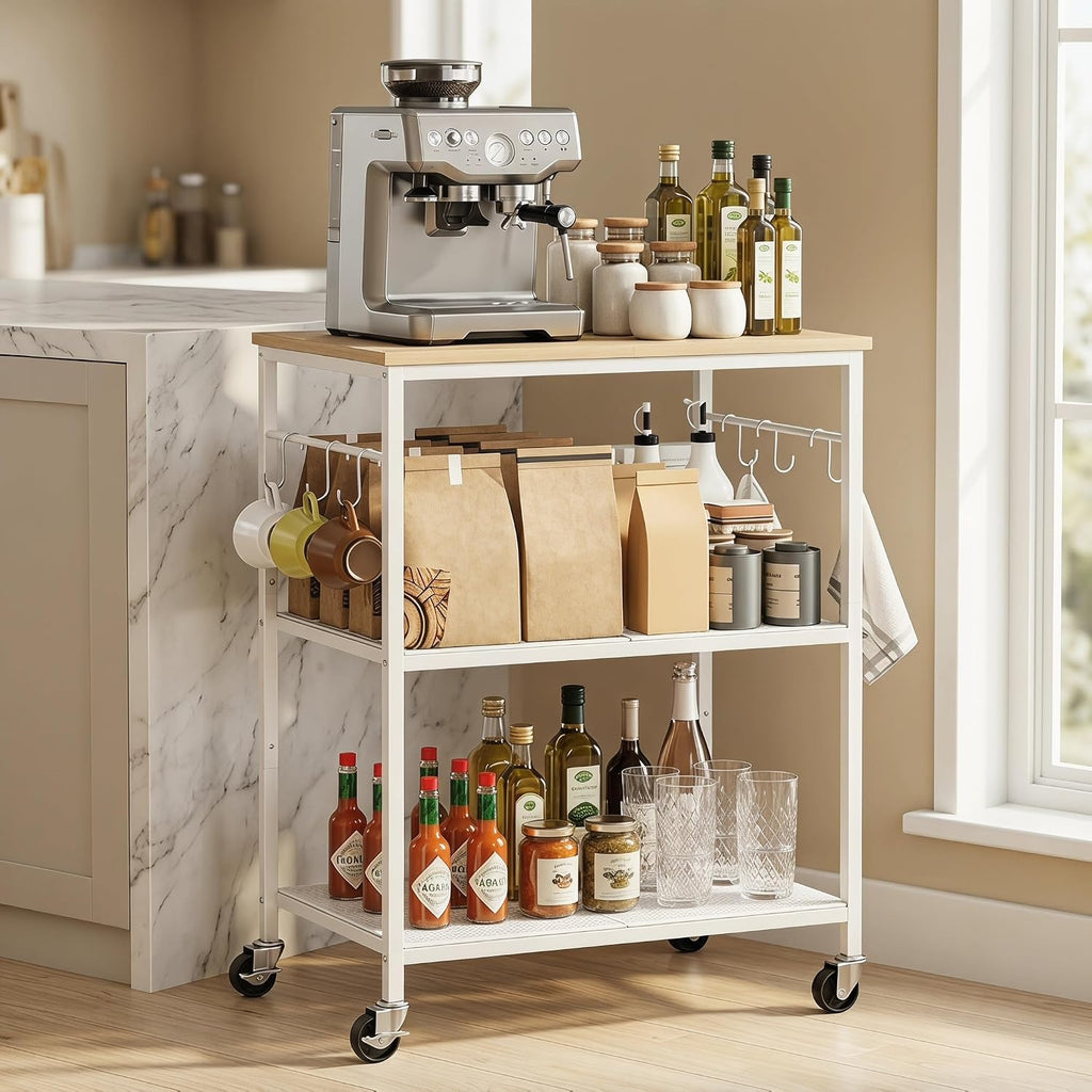 Homleke 3-Tier Rolling Kitchen Microwave Cart, Kitchen Utility Cart on Lockable Wheels, Coffee Bar Table Station with 6 S-Shaped Hooks, Small Appliance Storage Shelf, White and Natural KC40D