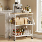 Homleke 3-Tier Rolling Kitchen Microwave Cart, Kitchen Utility Cart on Lockable Wheels, Coffee Bar Table Station with 6 S-Shaped Hooks, Small Appliance Storage Shelf, White and Natural KC40D