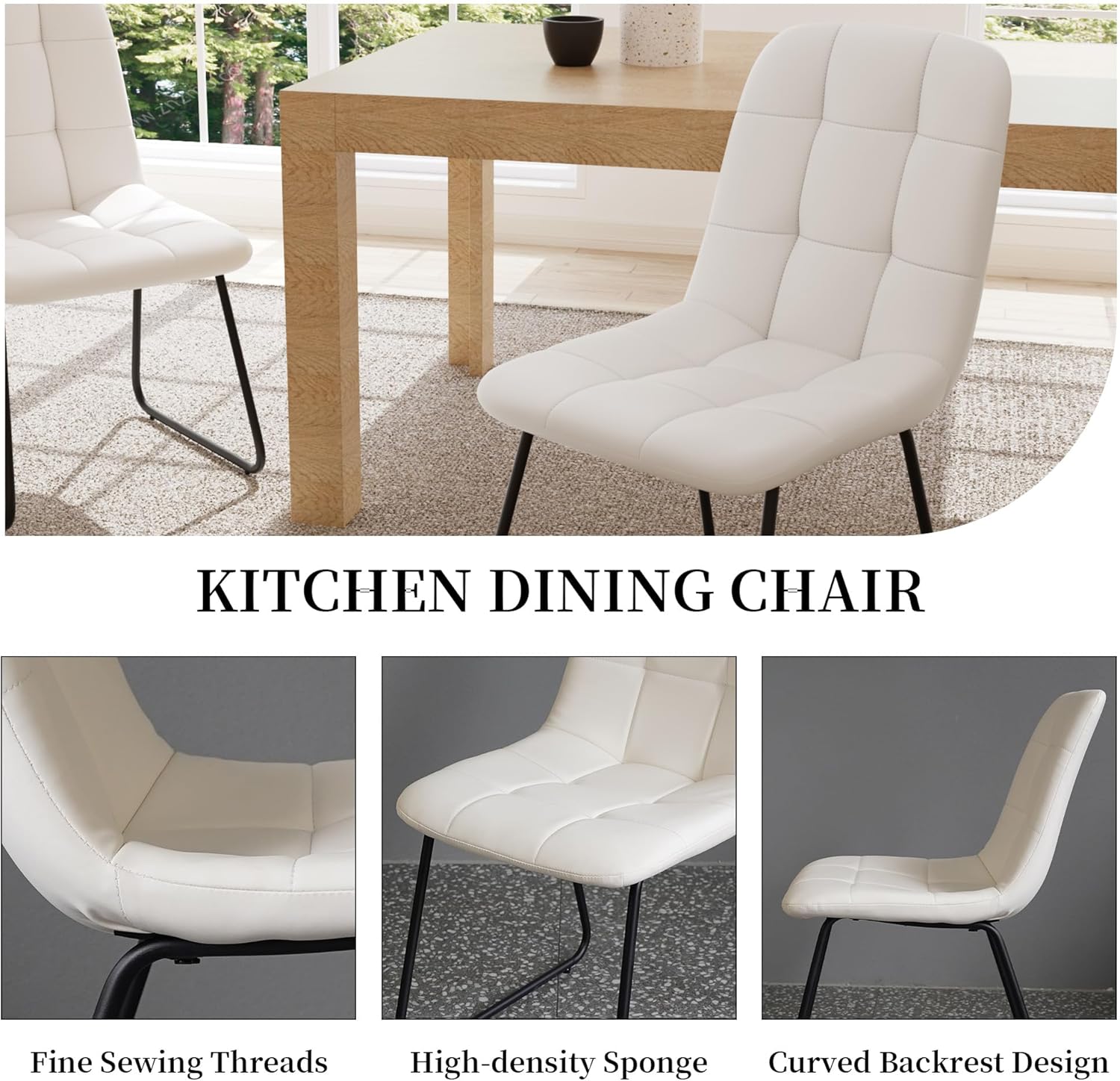HIPIHOM Faux Leather Dining Chairs Set of 4, Modern Upholstered Kitchen Chairs with Curved Backrest and Metal Legs, PU Leather Dining Room Chairs for Kitchen Living Dining Room Set of 4 White