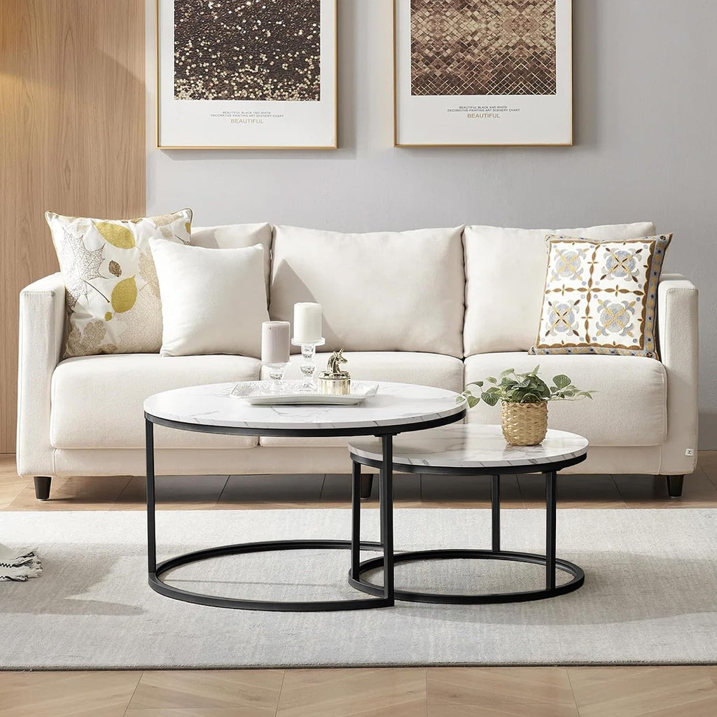 Nesting Coffee Tables Set of 2, 31.5" Round Coffee Table for Living Room, Marble Pattern Wooden Tabletop Black Sturdy Metal Frame Tables, Modern Bedroom Simple Nightstand Balcony Yard