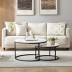 Nesting Coffee Tables Set of 2, 31.5" Round Coffee Table for Living Room, Marble Pattern Wooden Tabletop Black Sturdy Metal Frame Tables, Modern Bedroom Simple Nightstand Balcony Yard