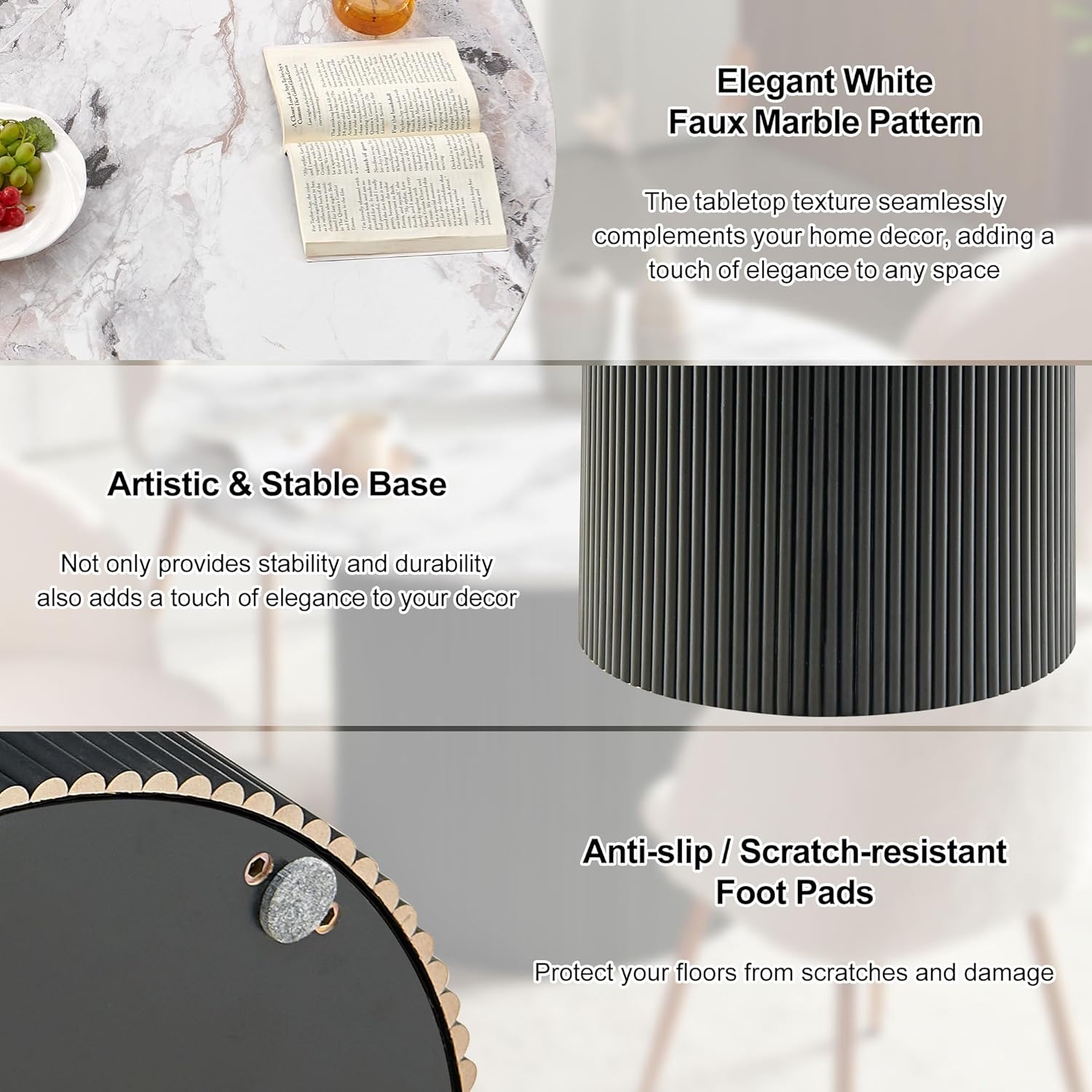 Modern Round Kitchen Table for 4, 47" White Dining Table, Circle Dining Room Table, Dinner Coffee Table with White Marble Effect Tabletop, Wood Strips Pedestal Base for Living Room