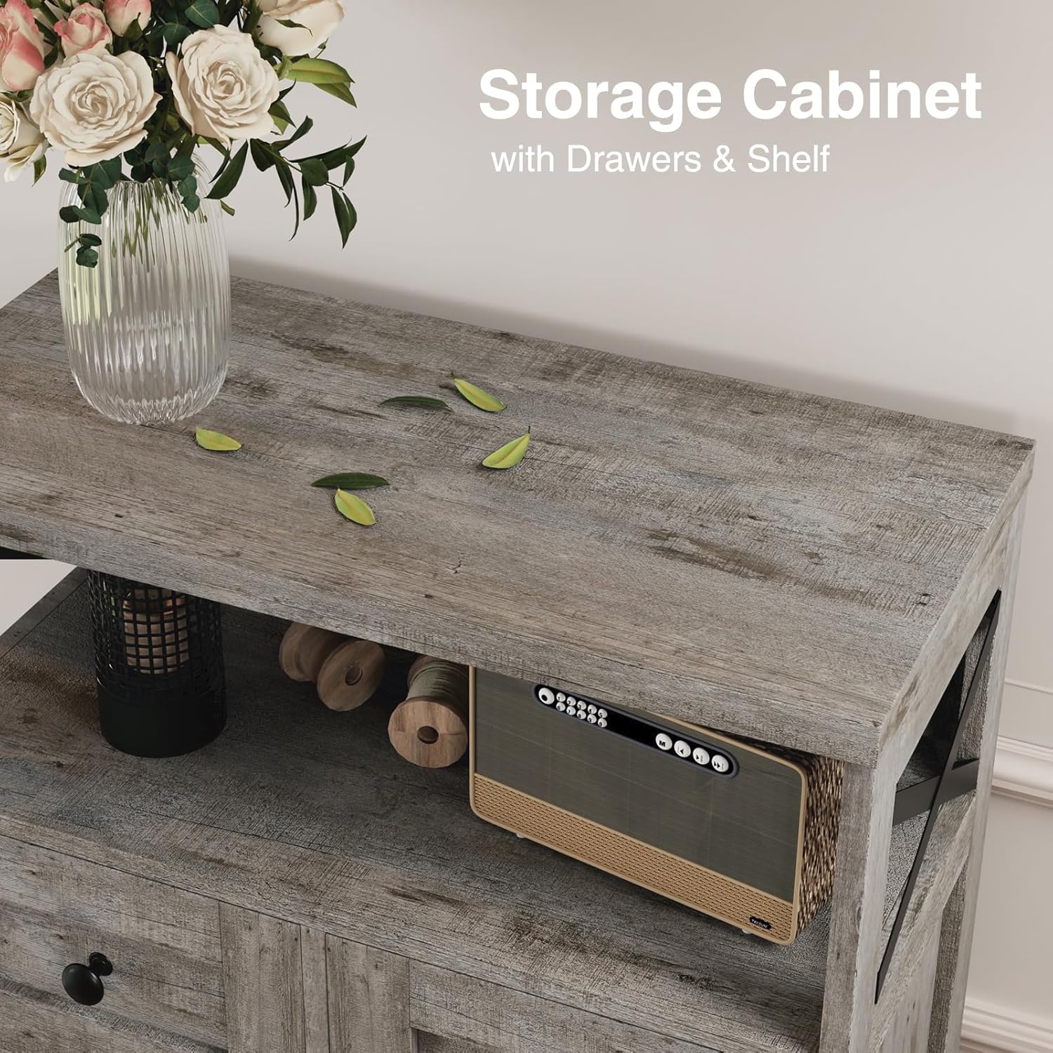 FiveWillowise Small Farmhouse Storage Cabinet with Barn Doors, Farmhouse Kitchen Pantry Cabinet, Tall Coffee Bar with Storage, Hutch Cupboard for Kitchen, Laundry, Living Room, Washed Grey