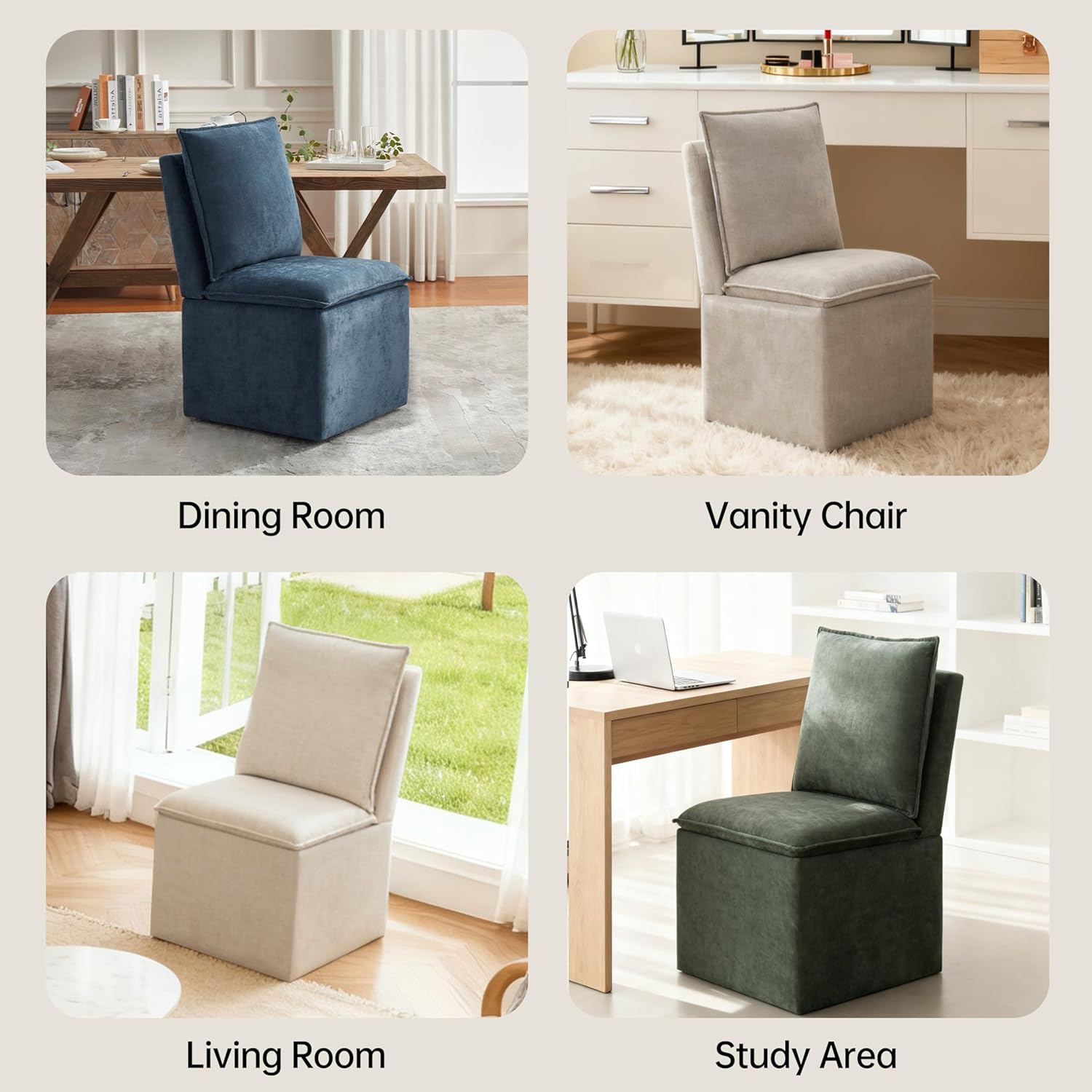 VKNOW Upholstered Dining Chairs, Modern Rolling Chairs with Storage and Wheels, Linen Armless Chair with Cushion and Backrest, Dining Room Chairs for Living Room Kitchen Bedroom, Light Grey