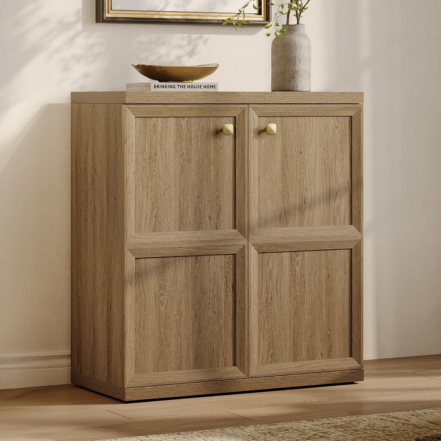 SICOTAS Buffet Cabinet with Storage, 34" Tall Modern Farmhouse Sideboard with 2 Adjustable Shelves & Geometric Doors, Large Credenza with Luxury Gold Handles for Kitchen Living Room, Brown Oak, 1 PCS