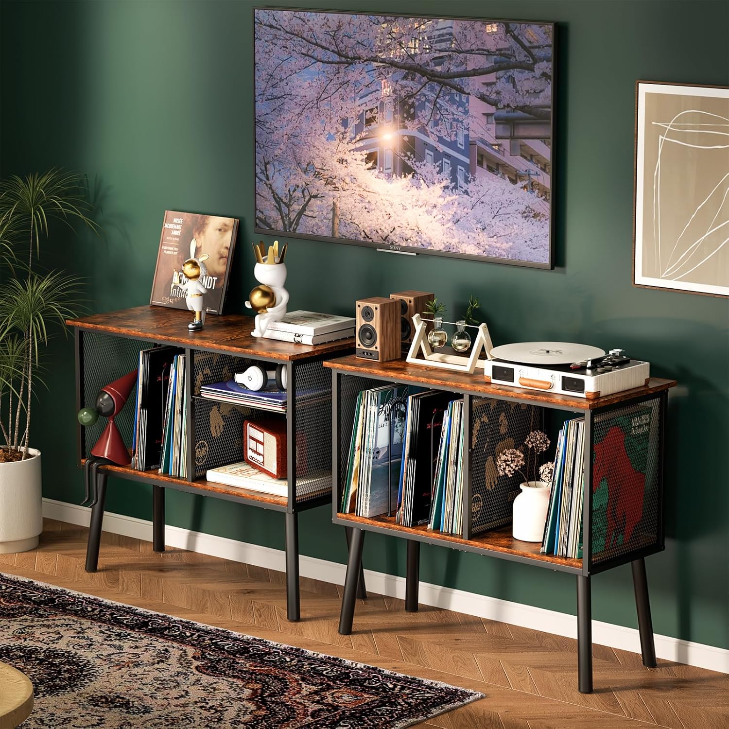 Record Player Stand with Adjustable Divider Vinyl Storage Holder Up to 200 Albums Mid-Century Large Record Player Table Vinyl Holder Turntable Stand End Table for Bedroom & Living Room, Patent Pending