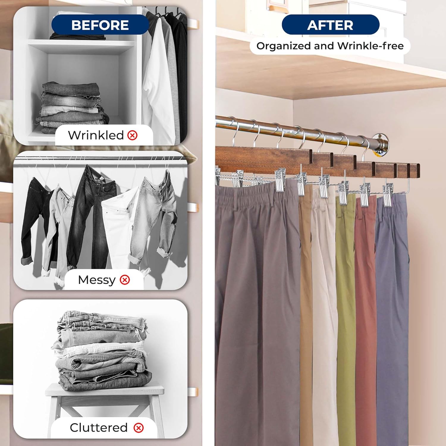 SereneLife Wooden Pants Hangers, 30-Pack Hangers with Adjustable Clips and Anti-Rust Swivel Hook, Space-Saving Pant Organizer for Closet, Ideal for Jeans, Slacks, Shorts, Trousers, Skirts (Retro)