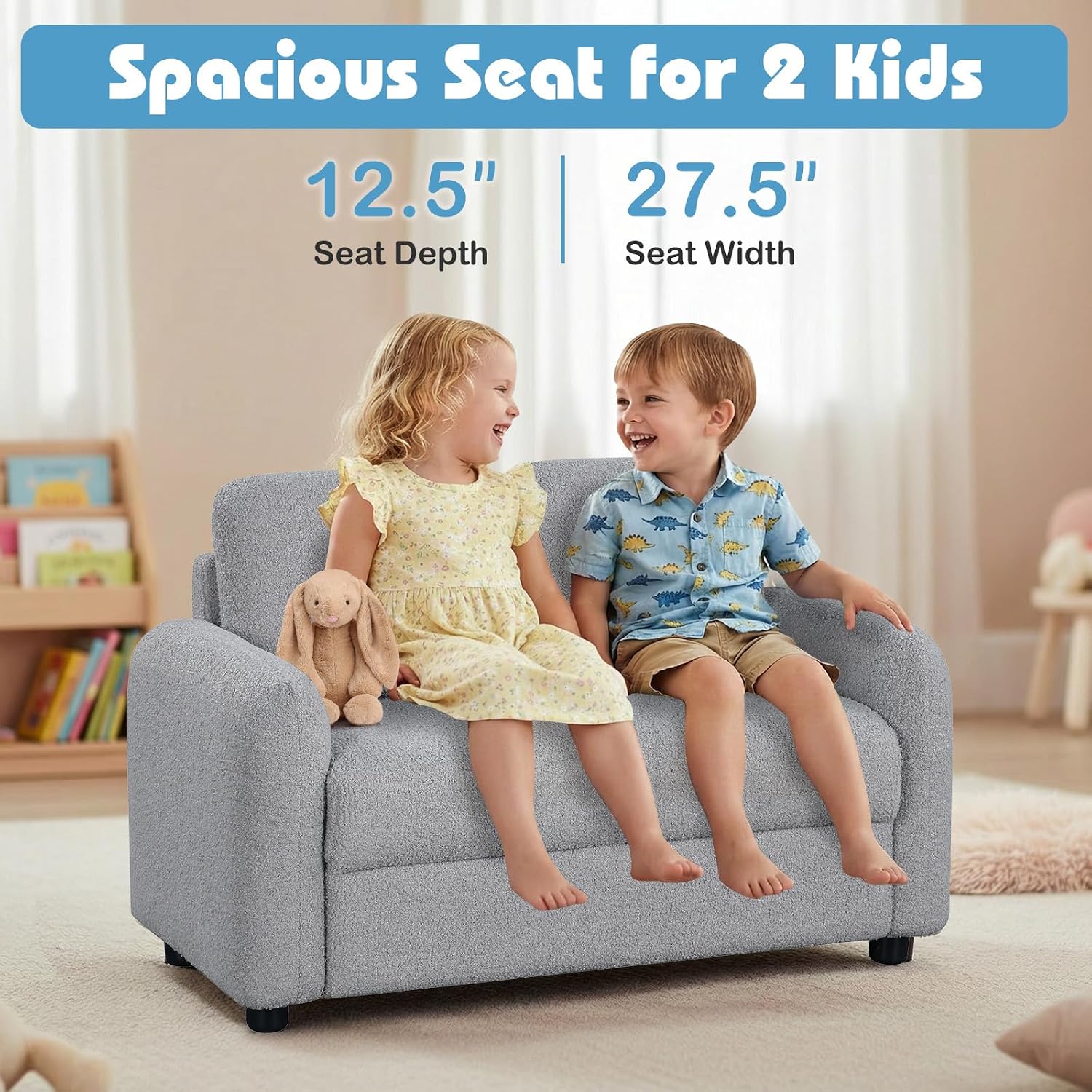 HONEY JOY Toddler Couch, Children Loveseat Sofa Armchair w/Wooden Frame, Teddy Fleece, Flexible Seating for Daycare, Preschool, Playroom, Upholstered Reading Couch, Kids Chair for Boys Girls (Gray)