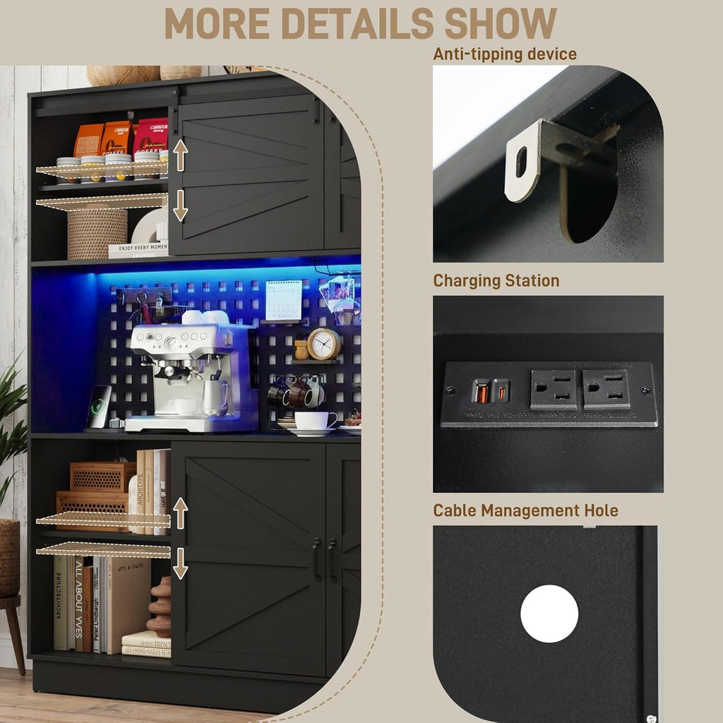 75”Tall 63"W Extra Large LED Farmhouse Kitchen Storage Pantry Hutch Cabinet w/Power Outlet,Pegboard,Coffee Bar Cabinets,Microwave Shelf,Wine Rack,4 Barn Doors,2 Drawers, Dining Room,Black