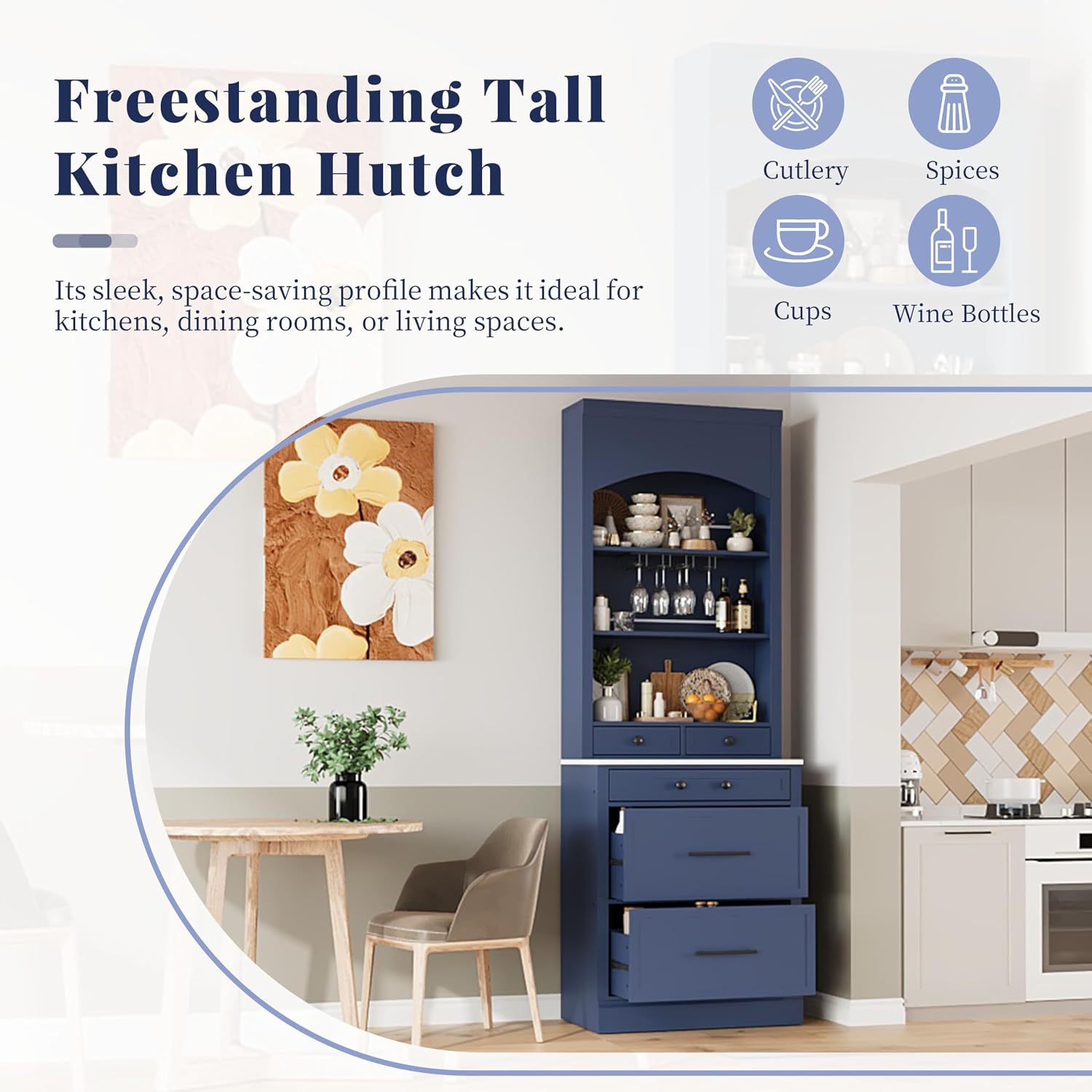 LUMISOL 83.7" Freestanding Tall Kitchen Pantry with 5 Drawers and Glass Holders, Modern Kitchens Storage Cabinet with Adjustable Shelf and Faux Marble Top, Wooden Kitchen Hutch, Blue