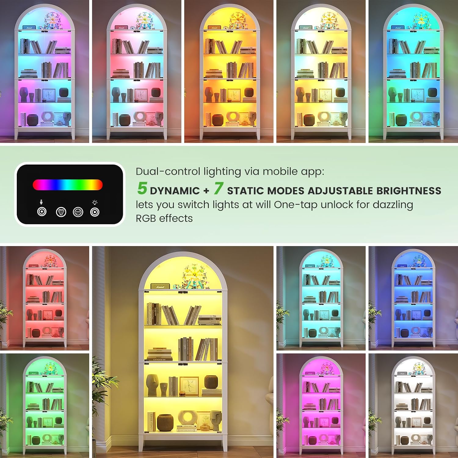 HNEBC Arched Display Case with RGB Lights, 69" Tall 5-Tier Tempered Glass Display Cabinet with Doors, LED Curio Cabinet with Shelf, Bookcase with Music-Synced Lighting for Living Room(White)