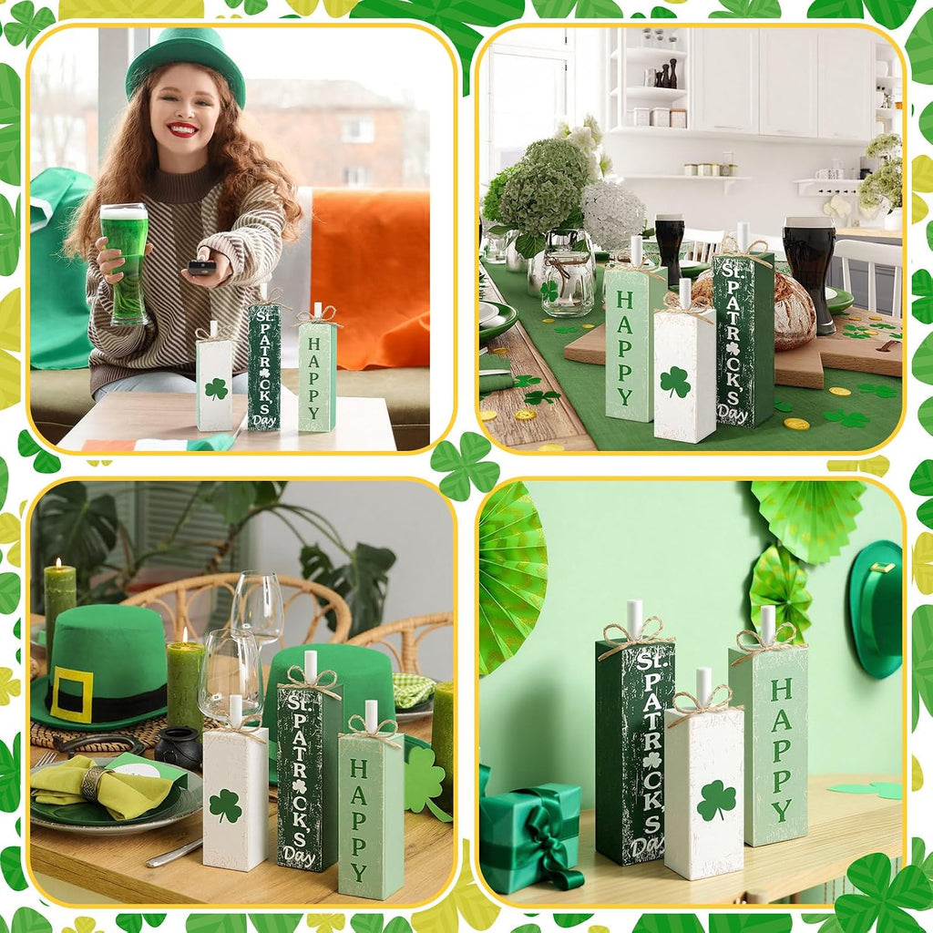 MiniInflat 3 Pcs St. Patrick's Day Table Decor Irish Tiered Tray Decor Green and White Clover Block Sign Rustic Farmhouse Wooden Tabletop Centerpieces for Home Office Kitchen Shelf Decorations